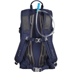 A dark navy backpack with mesh panels and a hydration tube attached. It features adjustable straps and a buckle.