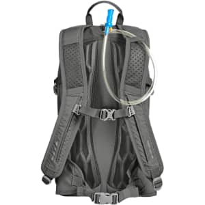 A grey outdoor daypack featuring mesh back panels and a hydration tube, complete with adjustable straps and buckles.