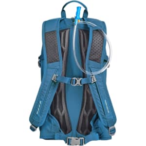 A blue outdoor daypack with adjustable straps, mesh padding, and a hydration tube. It features a logo on the front.
