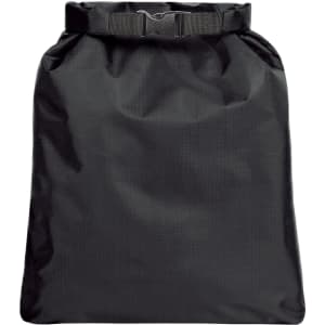 A black dry bag with a roll-top closure and an adjustable strap. The bag has a logo on it.