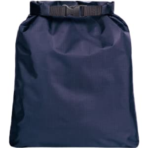 A navy blue dry bag with a fold-top closure and an adjustable buckle strap. It has a logo on the front.