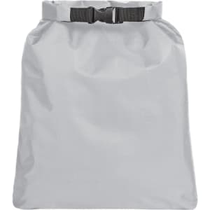 A grey dry bag with a cinch closure and adjustable buckle at the top. It has a smooth, water-resistant surface.