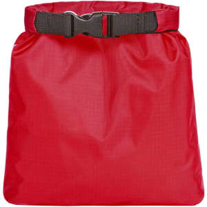A red dry bag with a secure black buckle strap, featuring a smooth, waterproof exterior.
