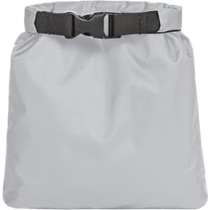 A grey dry bag with a black buckle strap, designed to keep contents safe and dry. Features a logo.