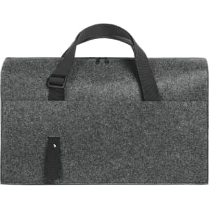 A grey organiser bag with a sturdy black handle and adjustable strap, featuring a simple design and a logo.