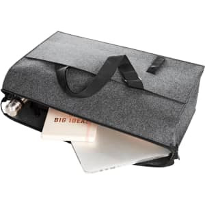 A grey organiser bag with a zip, featuring a drink bottle, laptop, and notebook inside. It has a logo on the exterior.