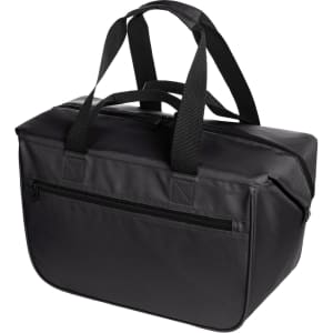 A black cooler bag with sturdy handles and a zip closure, featuring a front pocket and a logo.