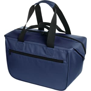 A navy blue cooler bag with twin handles and a front zip pocket. It features a logo.