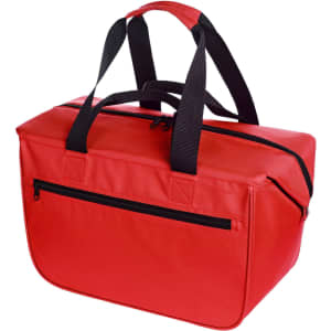 A red cooler bag with dual black handles and a zippered compartment on the front. It features a logo on the side.