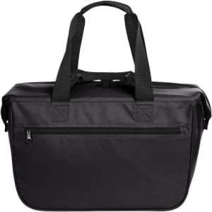 A black cooler bag with sturdy handles and a zipper closure. Features a plain exterior and a logo.