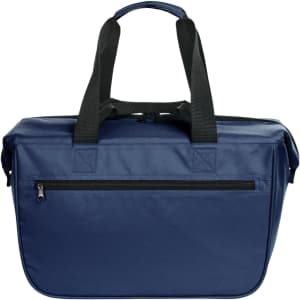 A navy blue cooler bag with dual black shoulder straps and a zippered pocket on the front. It features a logo.