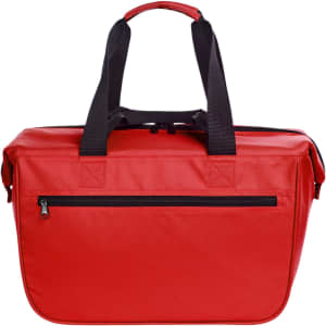 A red cooler bag with black straps and a zippered pocket on the front, featuring a logo.