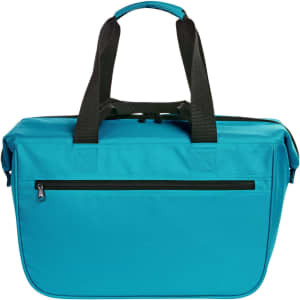 A blue cooler bag with black straps and a front zip pocket, featuring a logo. Ideal for keeping items cool.