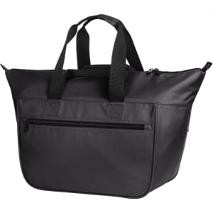 A black cooler bag featuring dual handles and a zippered front pocket, with a subtle logo on the side.