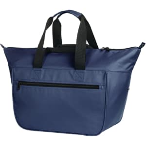 A navy cooler bag with dual black handles and a front zip pocket, featuring a simple design and a logo.
