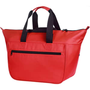 A red cooler bag with black handles and a zippered pocket on the front, featuring a logo.