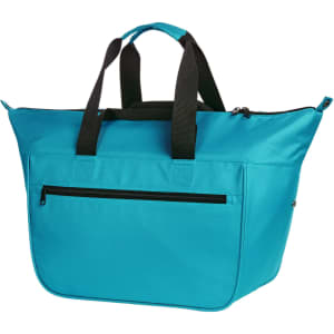 A bright turquoise cooler bag with dual black handles and a zippered closure, featuring a front pocket.