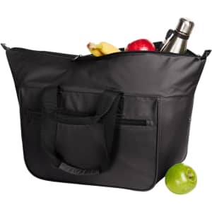 A black cooler bag filled with a drink bottle, bananas, apples, and a green apple on the side.
