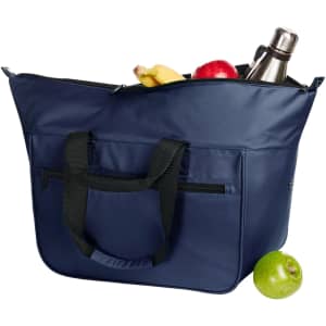 A navy cooler bag filled with fruit, a drink bottle, and a green apple. It features sturdy handles.
