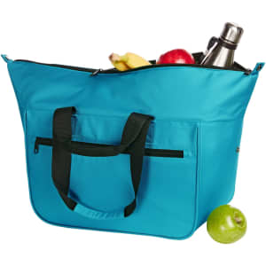 A turquoise cooler bag filled with a drink bottle, bananas, apples, and a green apple, featuring a zip closure.