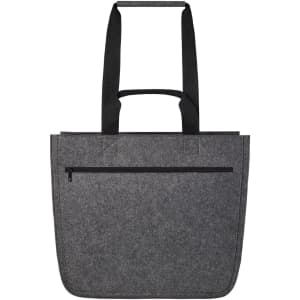 A grey felt tote bag with black handles and a zippered pocket on the front, featuring a logo.