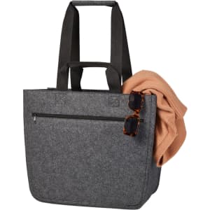 A grey felt tote bag with black straps, featuring a zipped pocket, and adorned with sunglasses and a soft, light-coloured sweater.