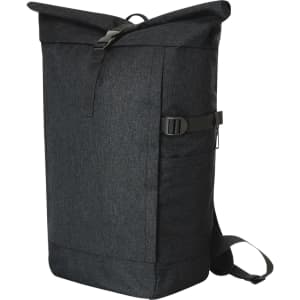 A sleek black roll-top backpack with a side pocket and adjustable straps, featuring a logo.