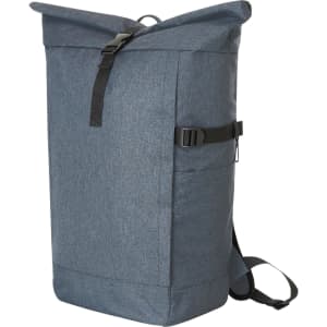 A blue roll-top backpack with adjustable straps and a side pocket, featuring a logo.