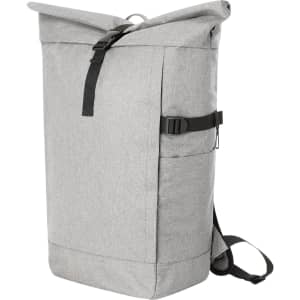 A grey roll-top backpack with a side pocket and adjustable straps, featuring a simple design.