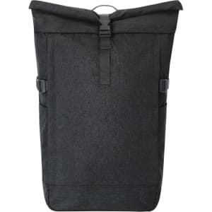 A stylish black backpack with a roll-top closure and adjustable side straps. It features a logo on the front.