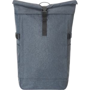 A grey laptop backpack featuring a roll-top design, adjustable straps, and side pockets. It has a logo on the front.