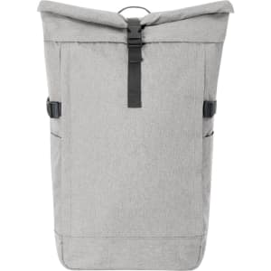 A grey laptop backpack with a roll-top design featuring adjustable straps and side pockets. It has a logo on the front.