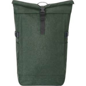 A green roll-top backpack featuring side buckles and a sleek design. It includes pockets for additional storage.