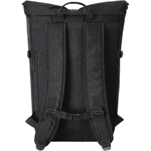A black laptop backpack with a roll-top design and padded shoulder straps. It features a branding logo.