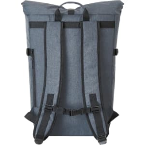 A grey Circle Notebook Backpack L with adjustable straps, a roll-top design, and a logo on the exterior.