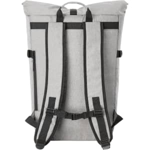 A grey laptop backpack with black straps and a roll-top design. It features a side zipper and a branded logo.
