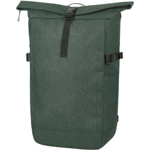 A green roll-top backpack with adjustable straps and a sleek design, featuring a logo on the side.
