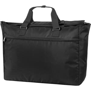 A black duffle bag with dual handles, featuring a front zip pocket and adjustable shoulder strap.