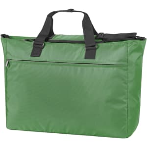 A green duffle bag with dual handles and a front zip pocket, featuring a logo on one side.
