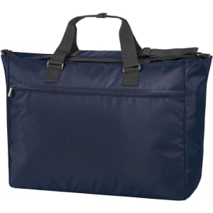A navy duffle bag with dual handles and a front zippered pocket. It features a logo on the side.