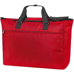 A red duffle bag with black straps and a zippered front pocket, featuring a logo.