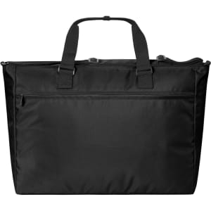 A black duffle bag with two handles, featuring a zip closure and an external pocket. It has a simple logo on the surface.