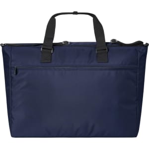 A large navy duffle bag featuring dual handles and a zippered pocket on the back. It has a branding logo.