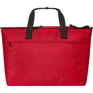 A large red duffle bag with black handles and a front zip pocket, featuring a logo.