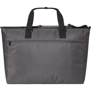 A large grey duffle bag with sturdy handles and a zippered front pocket. It features a logo on the side.
