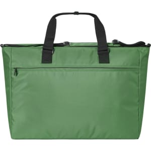 A green duffle bag with black handles and a zippered closure, featuring one external zip pocket.