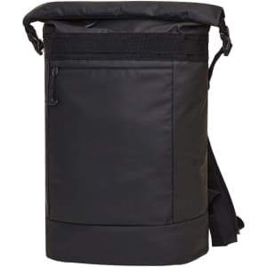 A black roll-top backpack made from durable material, featuring a side pocket and adjustable straps.