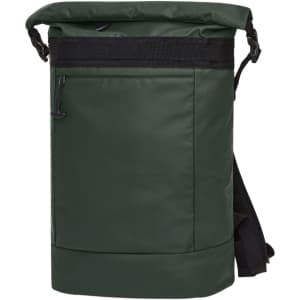 A dark green backpack with a roll-top closure, featuring a front zipper pocket and an adjustable shoulder strap.