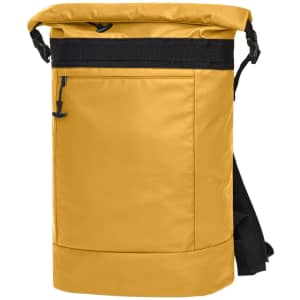 A roll-top backpack in a vibrant yellow hue, featuring a black strap and front pocket, with a logo present.