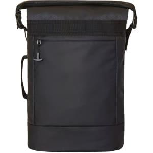 A black Active Notebook Backpack with a front pocket and adjustable straps, featuring a logo.